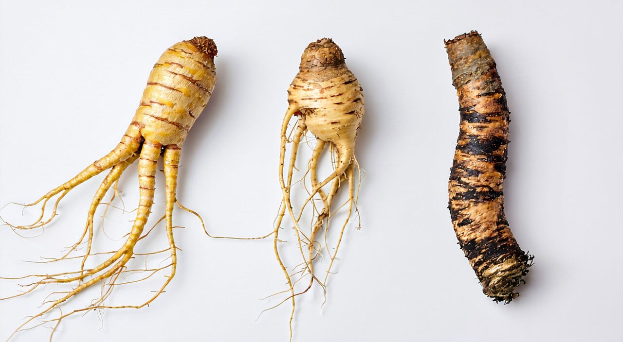 Side-by-side comparison of ginseng root, American ginseng root, and Phytolacca root, showing morphological differences