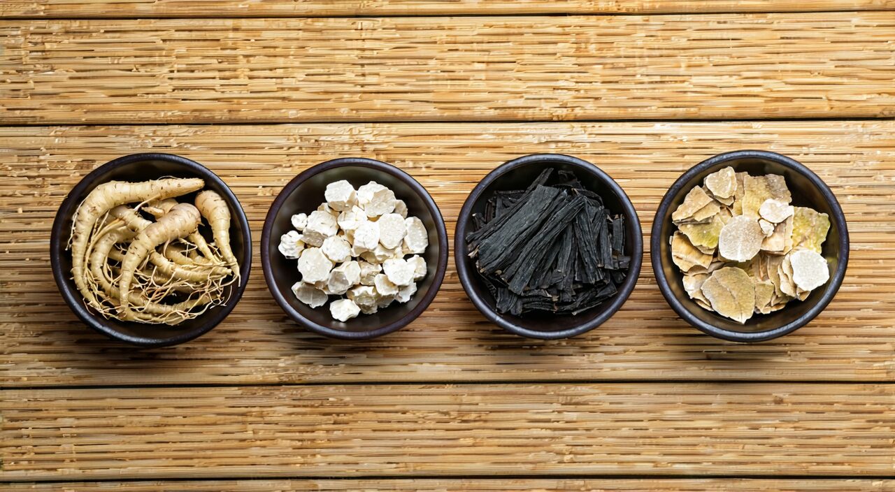 Overhead shot of four herbal ingredients for Four Gentlemen Decoction in separate small bowls, warm tones