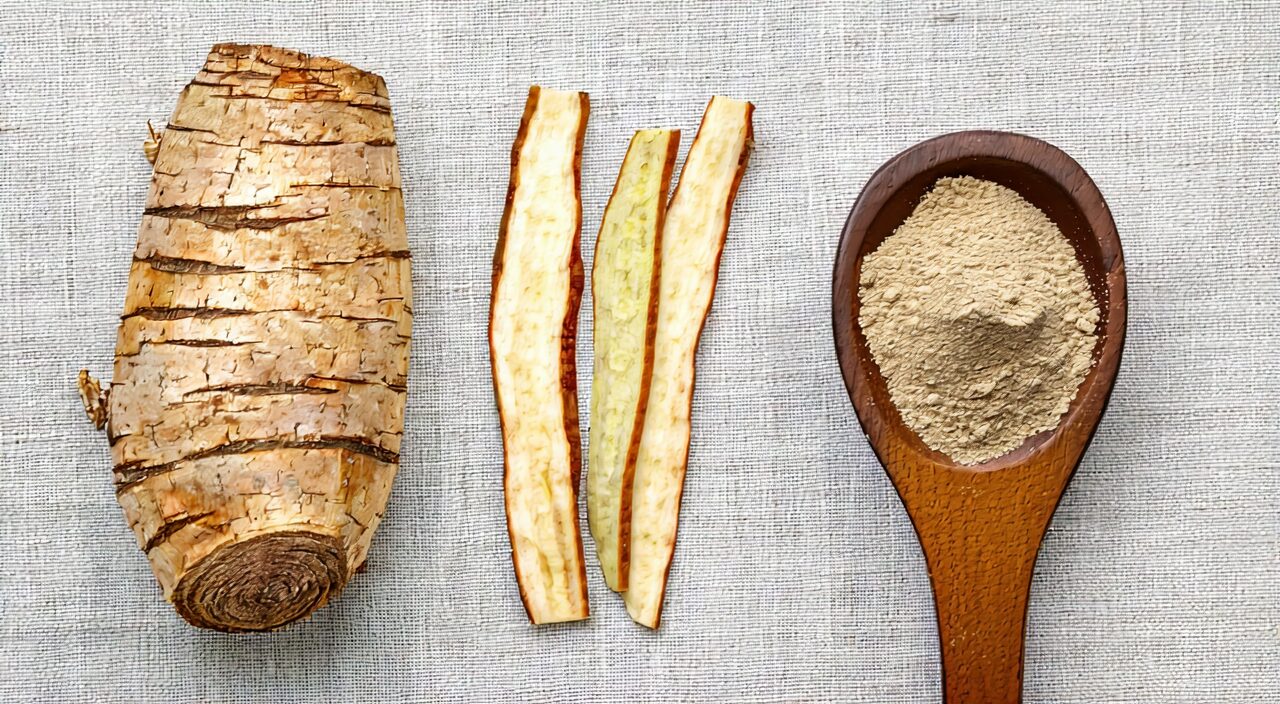 Comparison of whole San Qi root, sliced San Qi, and San Qi powder