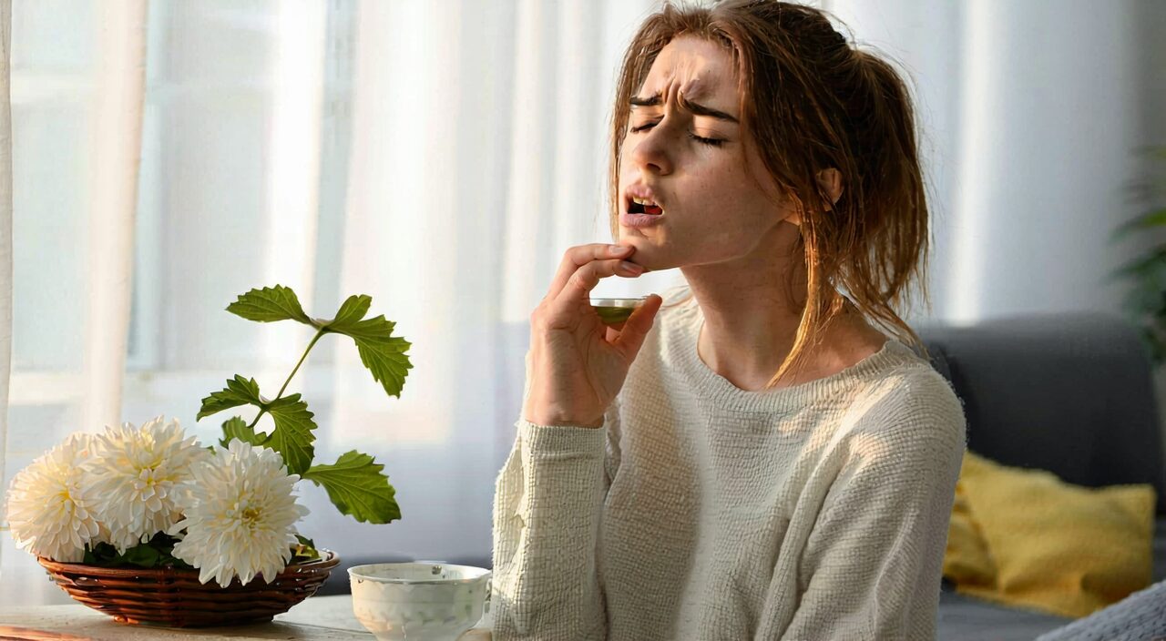 A woman with mild cough and dry throat, showing early wind-heat state