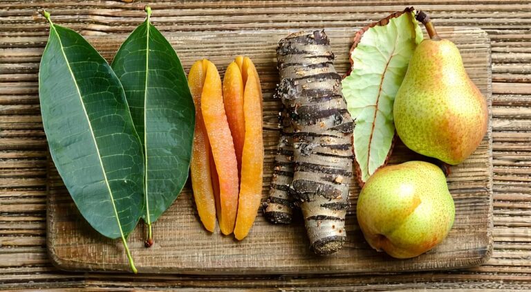Clean flat lay of the main herbs of Sangxing Decoction in soft natural light