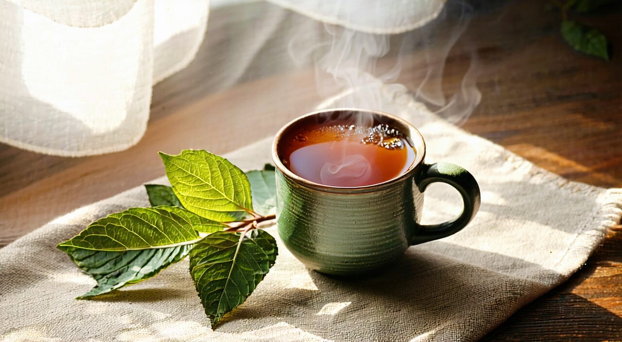 A cup of warm herbal tea with mulberry leaves, soft morning light
