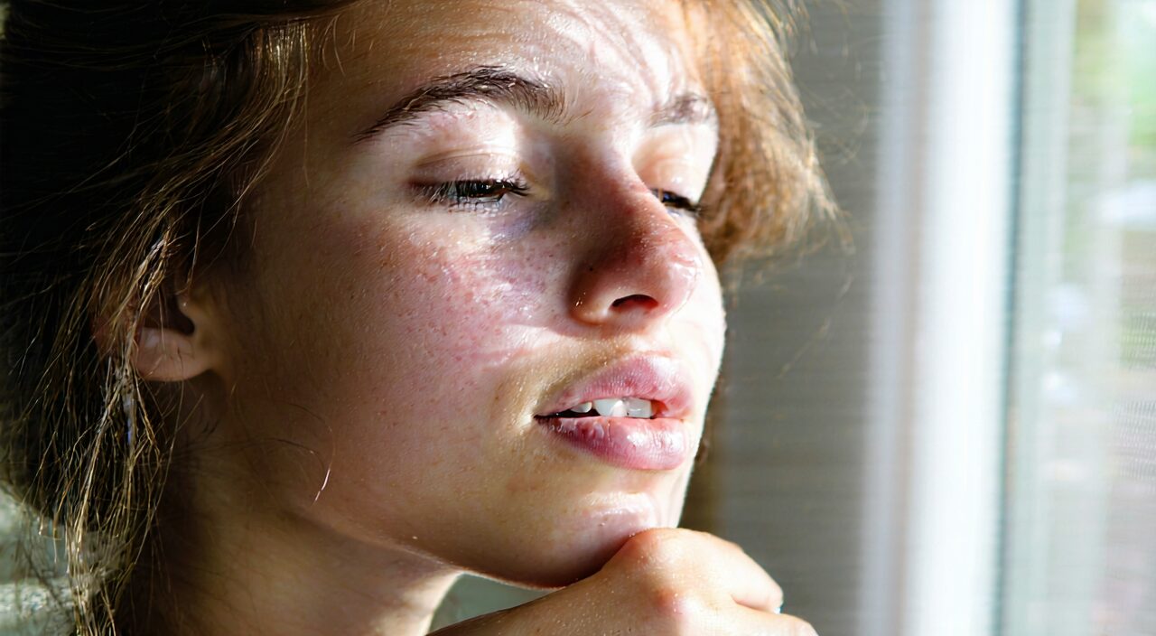 Woman touching her throat, showing throat dryness and discomfort