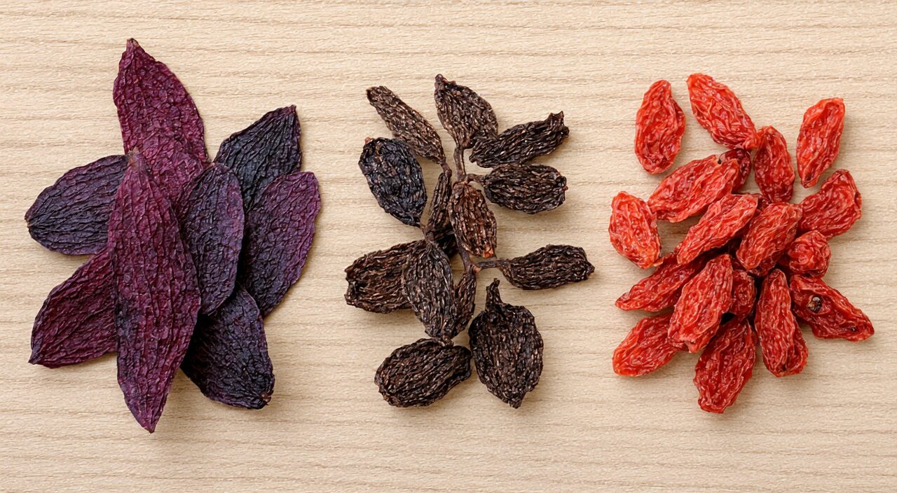 Visual comparison among cornelian cherry, evodia fruit, and goji berry