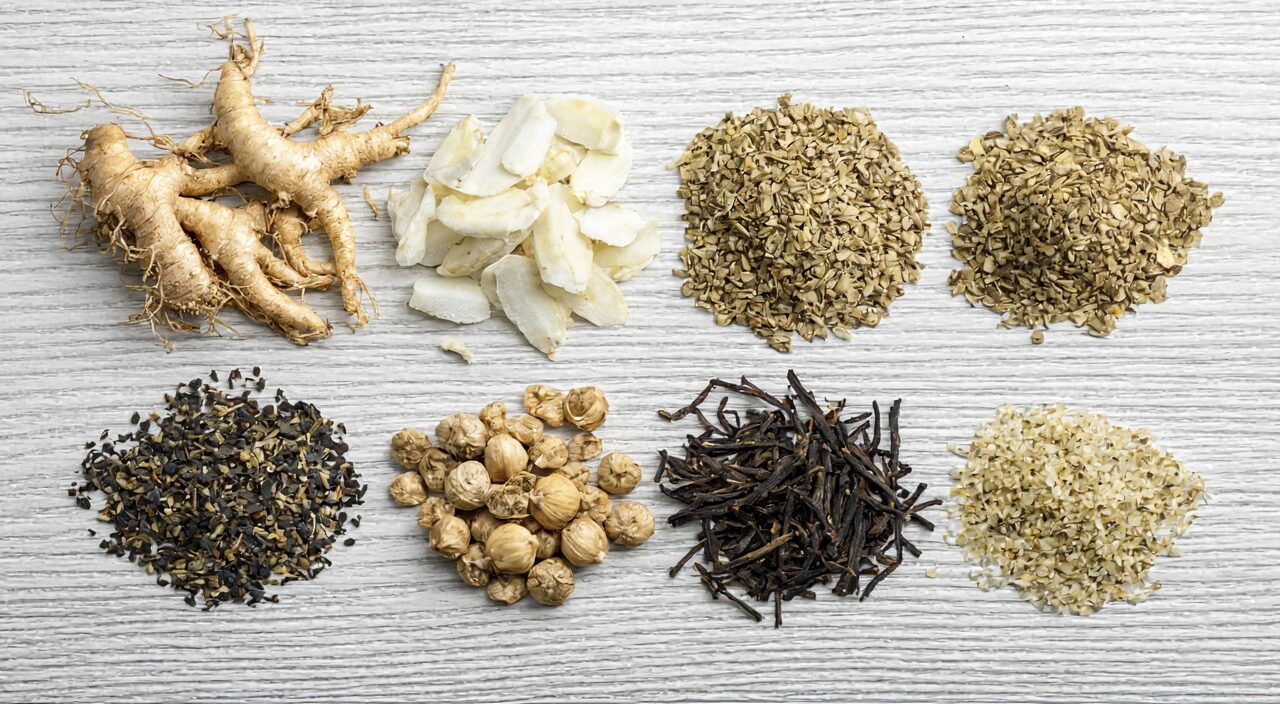 Still life display of the main herbs in Shen Ling Bai Zhu San under natural light