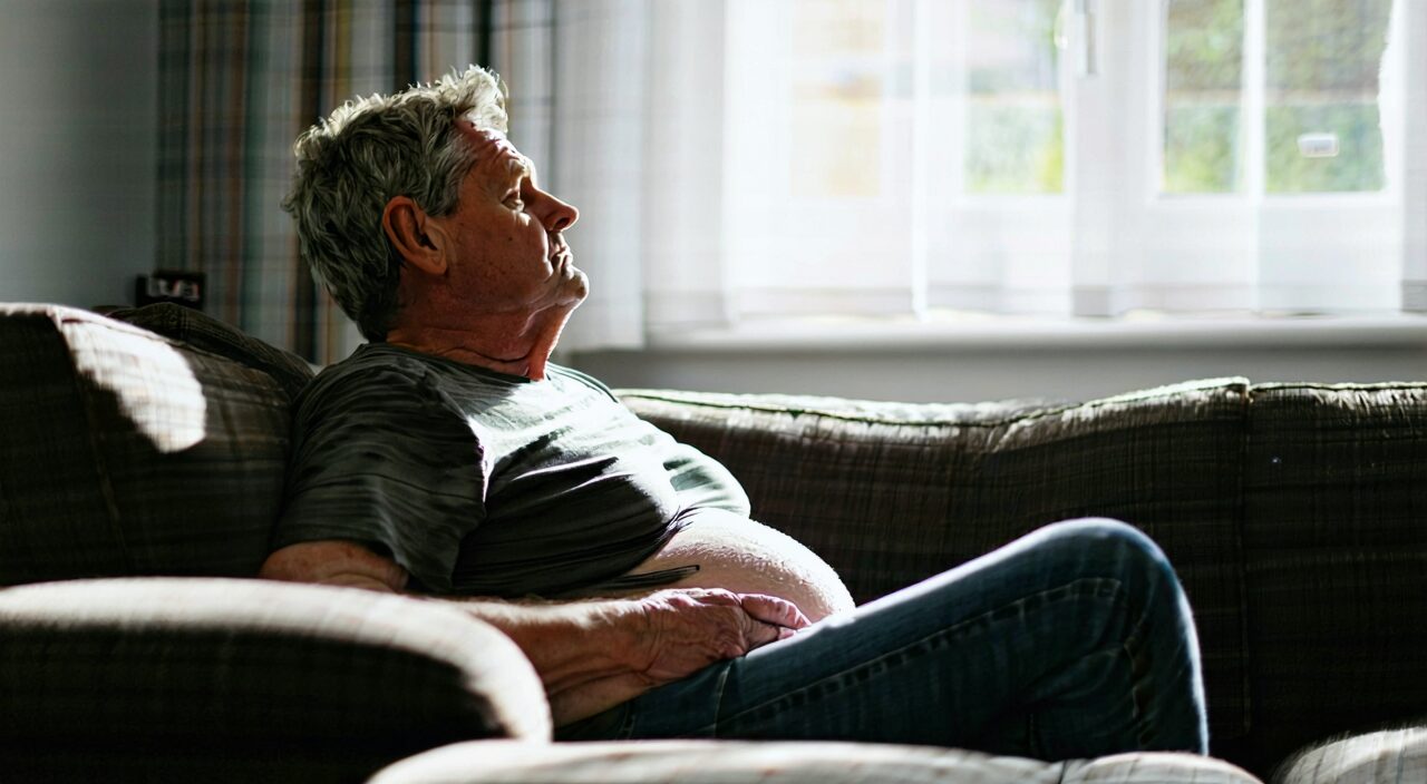 A person feeling abdominal fullness and bodily heaviness sitting on a sofa at home