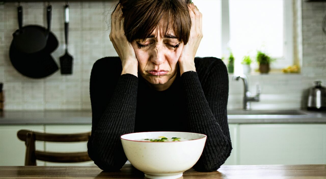 A person with a sallow complexion and low energy sitting at a dining table, illustrating the state of spleen deficiency and spirit fatigue