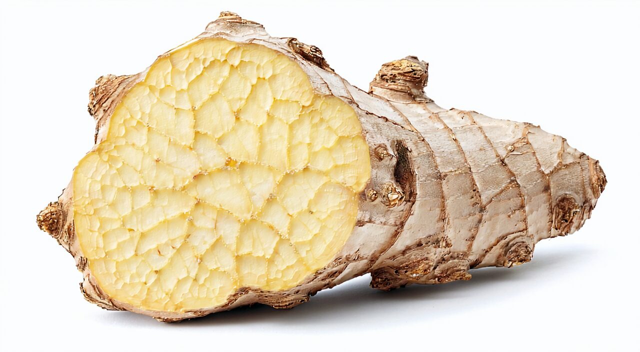Close-up of a cross-section of fresh ginger, light yellow and fibrous
