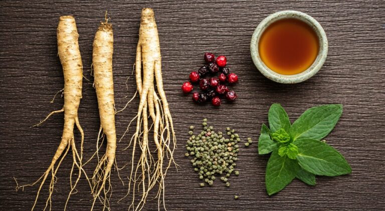 人参、麦冬、五味子三味药材与一碗汤药的静物照片，风格干净专业。