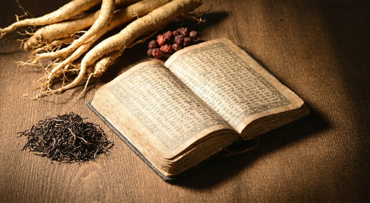 An antique wooden table with an open classic TCM text and the three herbs of Sheng Mai San, creating a quiet atmosphere.