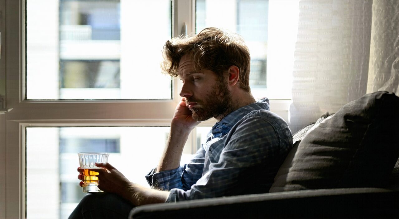A tired office worker resting by a window, holding a cup of warm water, illustrating a qi and yin deficiency state.