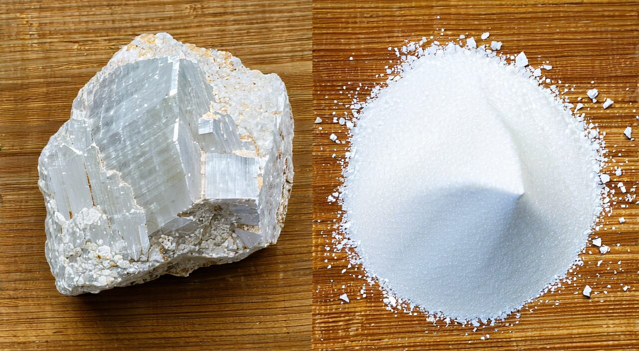 Comparison of raw gypsum crystals and calcined gypsum powder