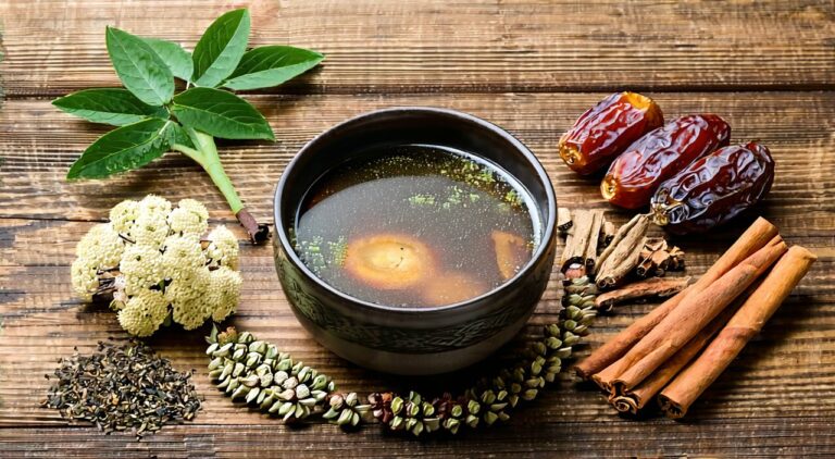 A serene image of a bowl of traditional Shiquan Dabu tonic soup with warming herbal ingredients
