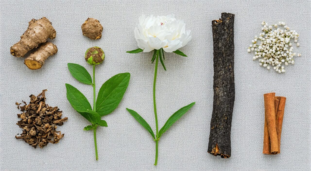 Flat lay display of main herbs in Shi Quan Da Bu Tang