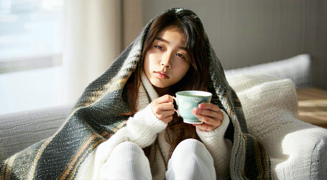 A tired-looking, pale woman wrapped in a blanket holding a cup of hot tea