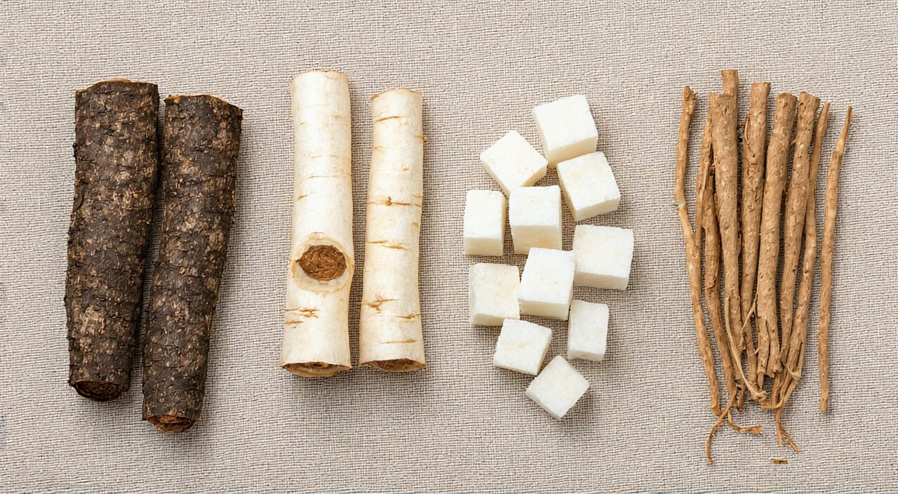 Top-down still life photo of the four herbal ingredients of Si Jun Zi Tang