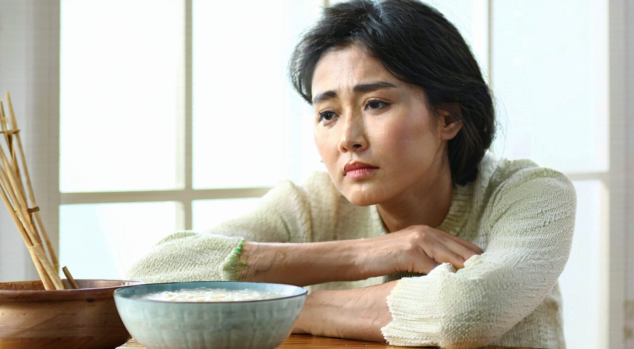 A quiet lifestyle photo of a tired person with poor appetite sitting at a dining table