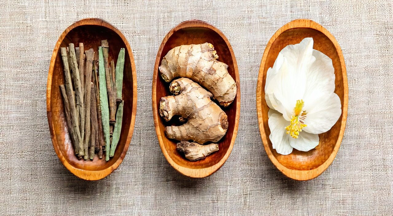 Four medicinal herbs of Si Wu Tang placed in wooden bowls