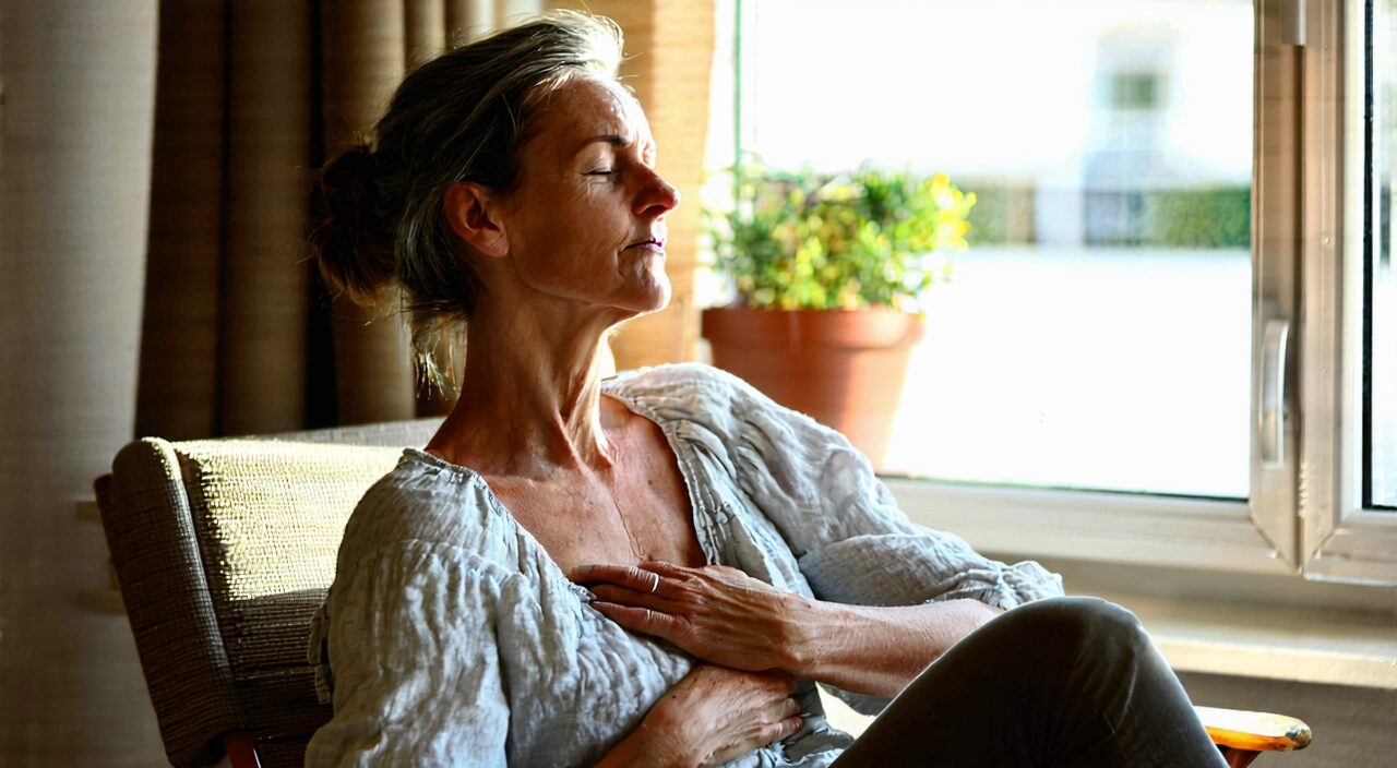 A woman resting quietly by the window with a peaceful expression