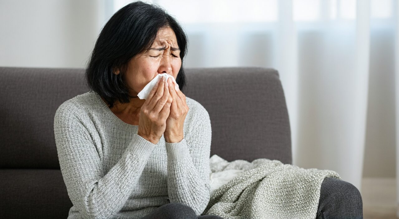A woman coughing phlegm, experiencing chest oppression, and holding her waist, showing the state of cough and asthma with upper excess and lower deficiency