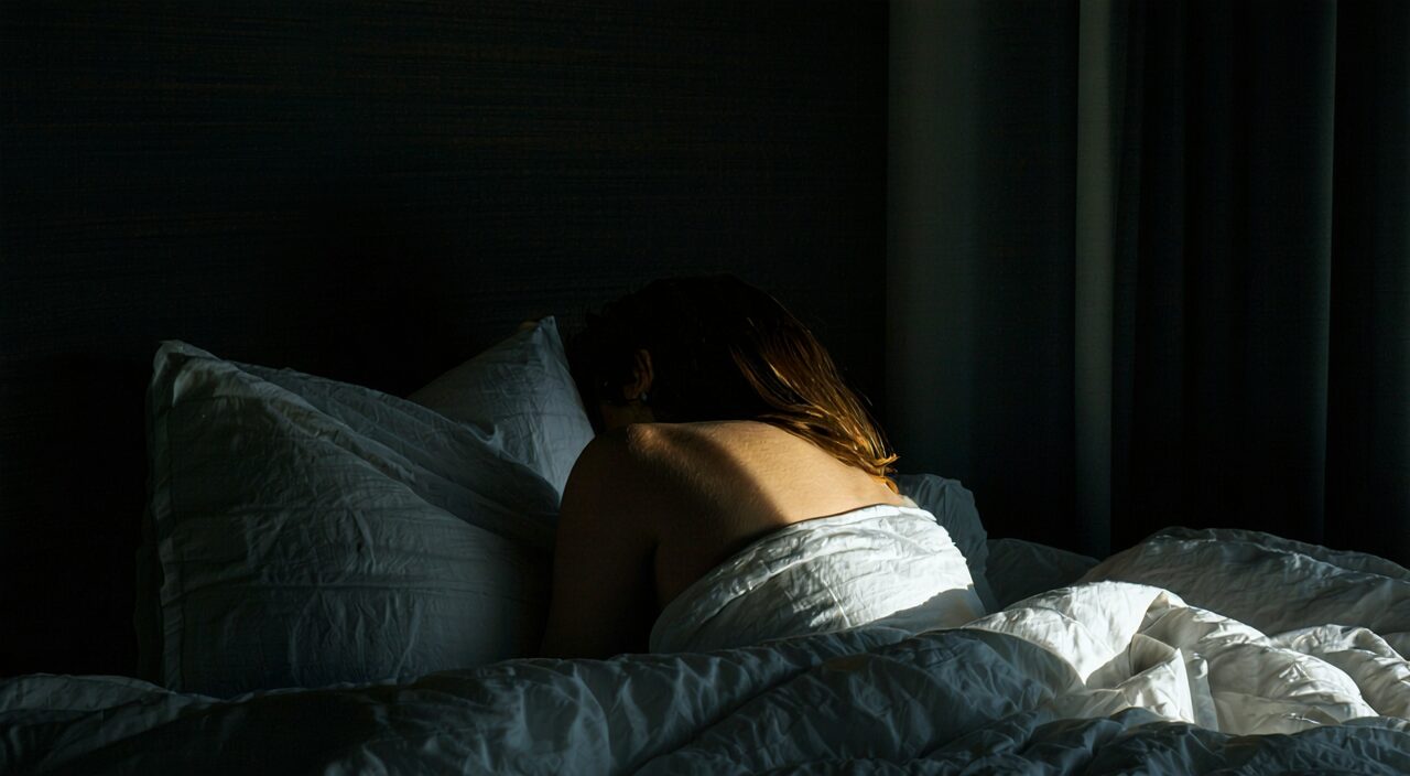 A person lying in bed in a dimly lit bedroom with moonlight shining in; the scene is quiet yet conveys the restlessness of being unable to sleep.