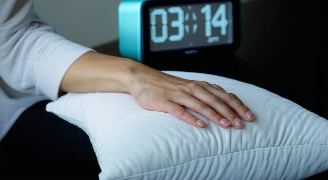Overhead shot of a hand resting on a pillow, with a blurred clock showing 3 AM, suggesting frequent nighttime awakenings.