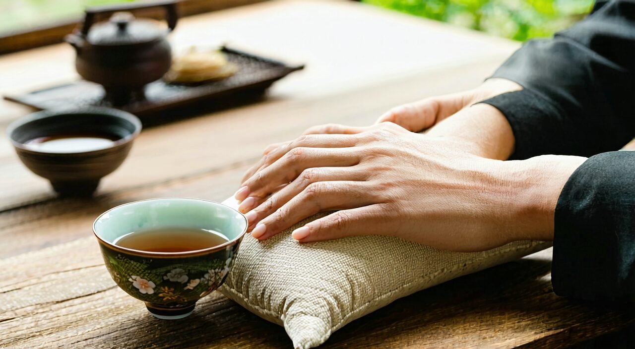 Close-up of a Chinese medicine pulse diagnosis, with the patient's wrist resting on a pulse pillow; the atmosphere is professional and cautious, highlighting safe use.