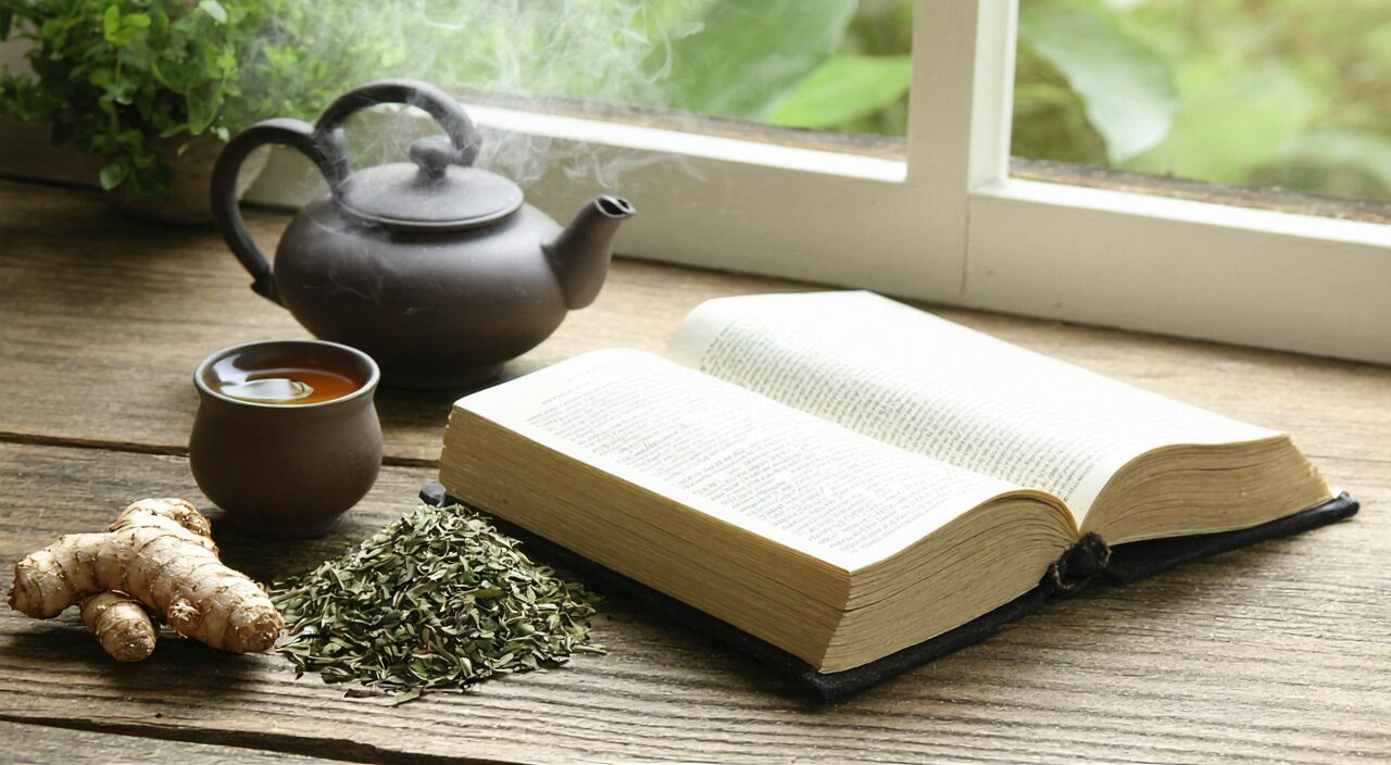 Ancient Chinese medicine texts accompanied by Suo Quan Wan herbs and light tea, representing the gentle regulating approach of warming the kidneys and reducing urination