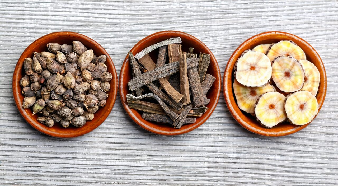 Alpinia oxyphylla, Lindera aggregata, and Chinese yam placed separately in small bowls, displaying the ingredients of Suo Quan Wan