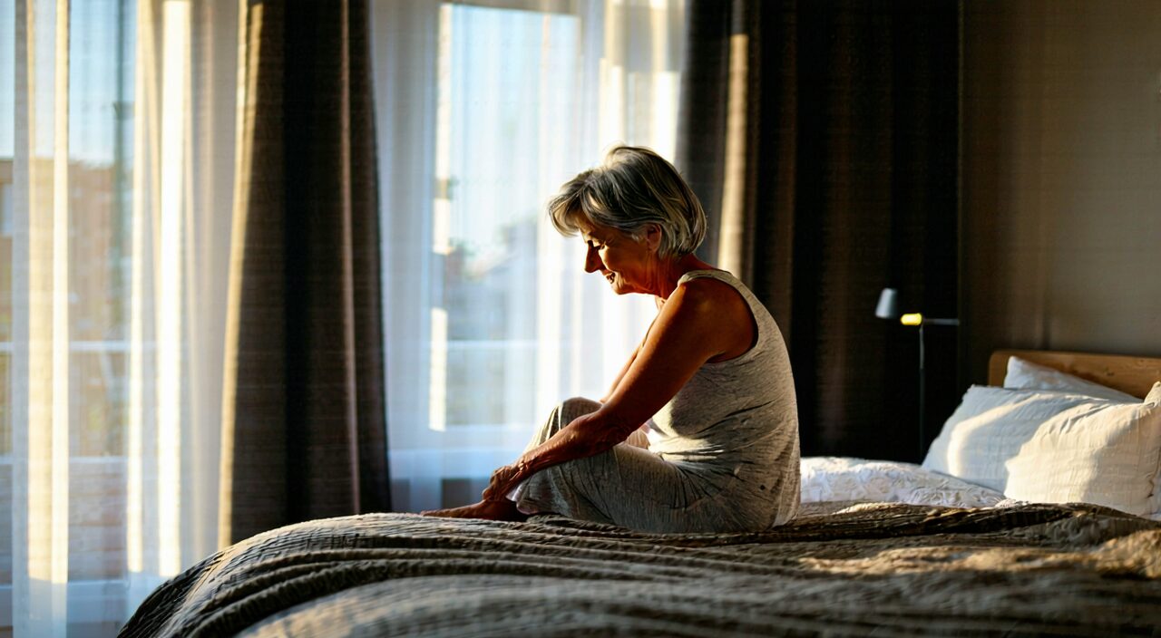 A woman gently rubbing her lower back while sitting on the edge of the bed in the morning, looking tired, suggesting nocturia and soreness in the lower back and knees