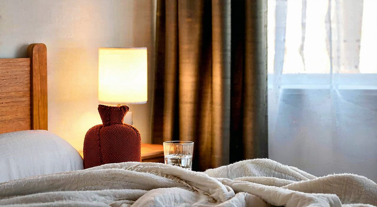 An empty water glass and a warm hot water bottle on the bedside table, reflecting the tips of reducing nighttime drinking and keeping warm during usage