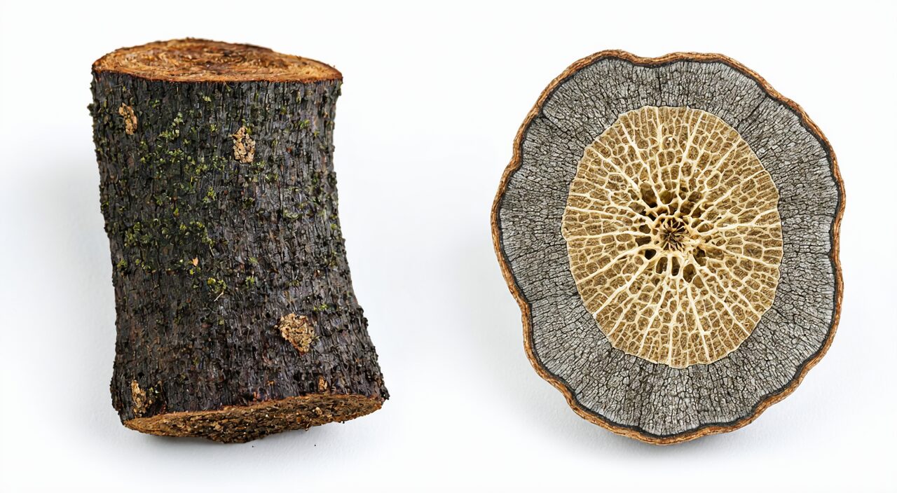 Side-by-side comparison of Suo Yang and Cistanche herbs: Suo Yang cross-section shows triangular vascular bundles; Cistanche is covered with scaly leaves.