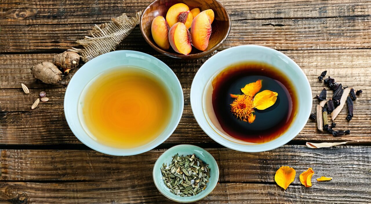 Two bowls of herbal decoction illustrate the transition from Si Wu Tang to Tao Hong Si Wu Tang