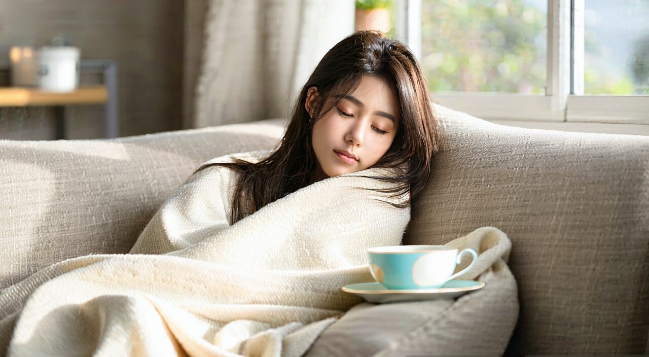 Fatigued woman resting on sofa, pale complexion