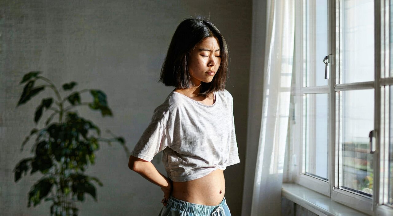 Woman supporting lower back, showing lower back soreness and lower abdominal dragging sensation