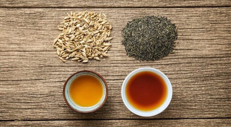 Four Chinese medicinal herbs of Reed Stem Decoction alongside the brewed decoction, illustrating the theme of a traditional Chinese medicine formula