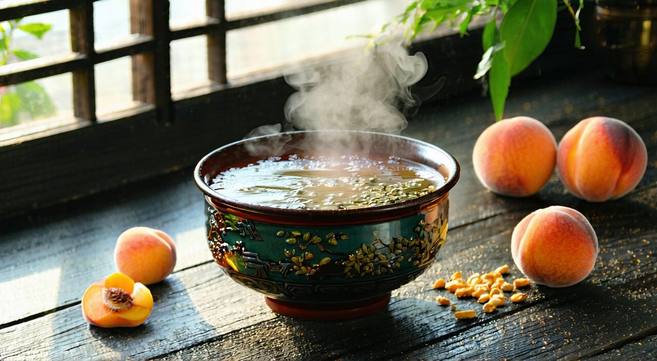 A bowl of Wei Jing Tang decoction, with a warm herbal texture, embodying lung-clearing benefits