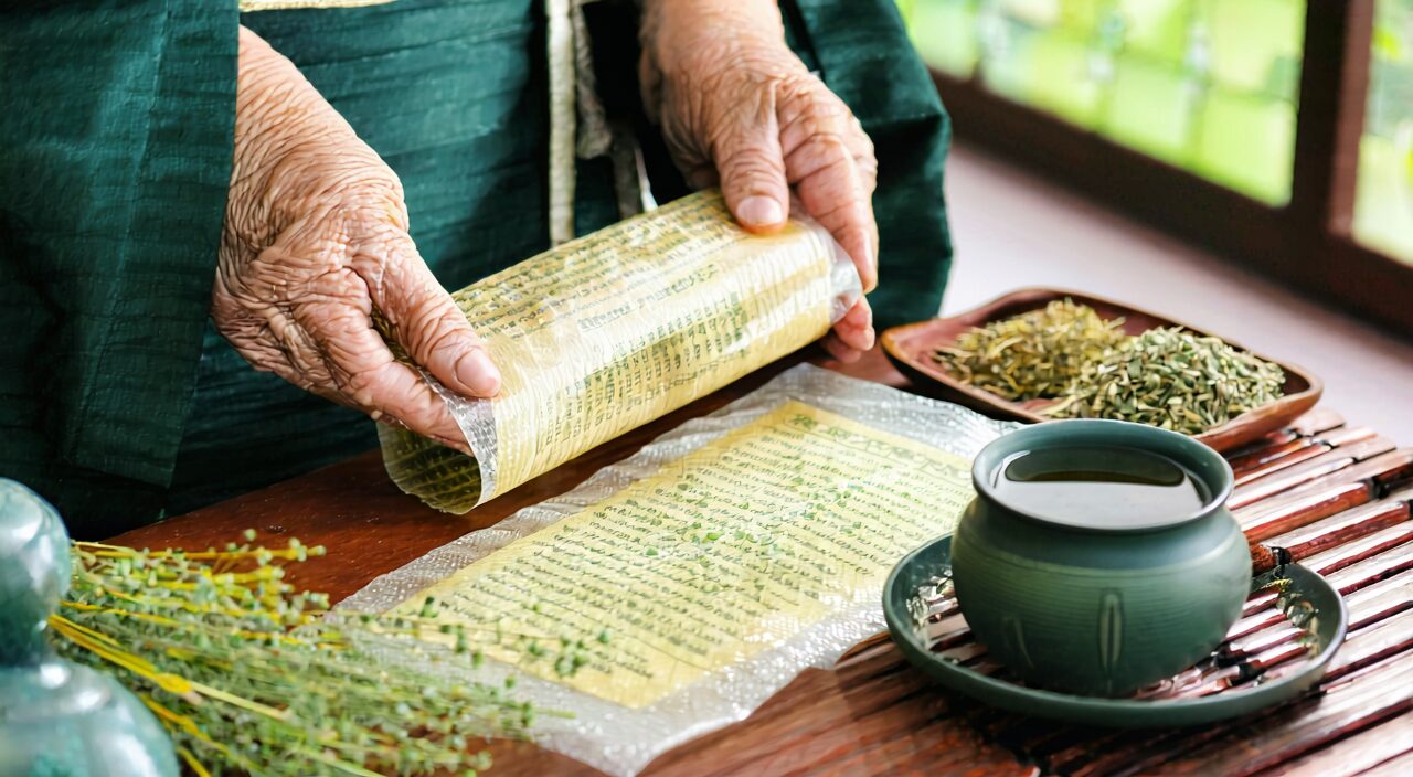 A TCM practitioner unfolding a prescription during a consultation, emphasizing the necessity of pattern-based usage