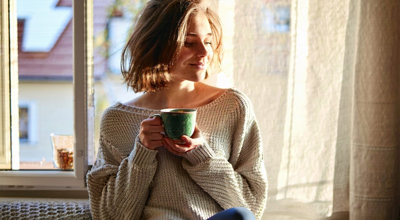A woman holding a warm cup of tea by the window, suggesting the need for warmth and nourishment in a cold pattern