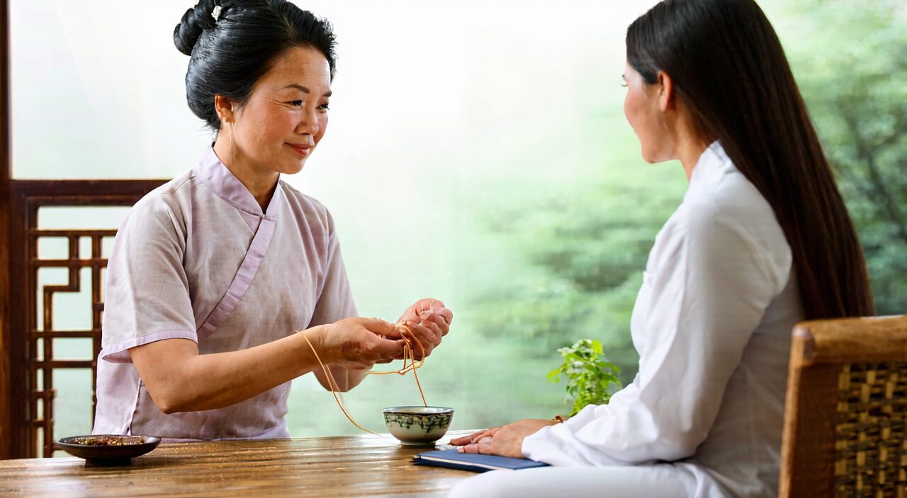 A TCM practitioner consulting with a patient by taking the pulse