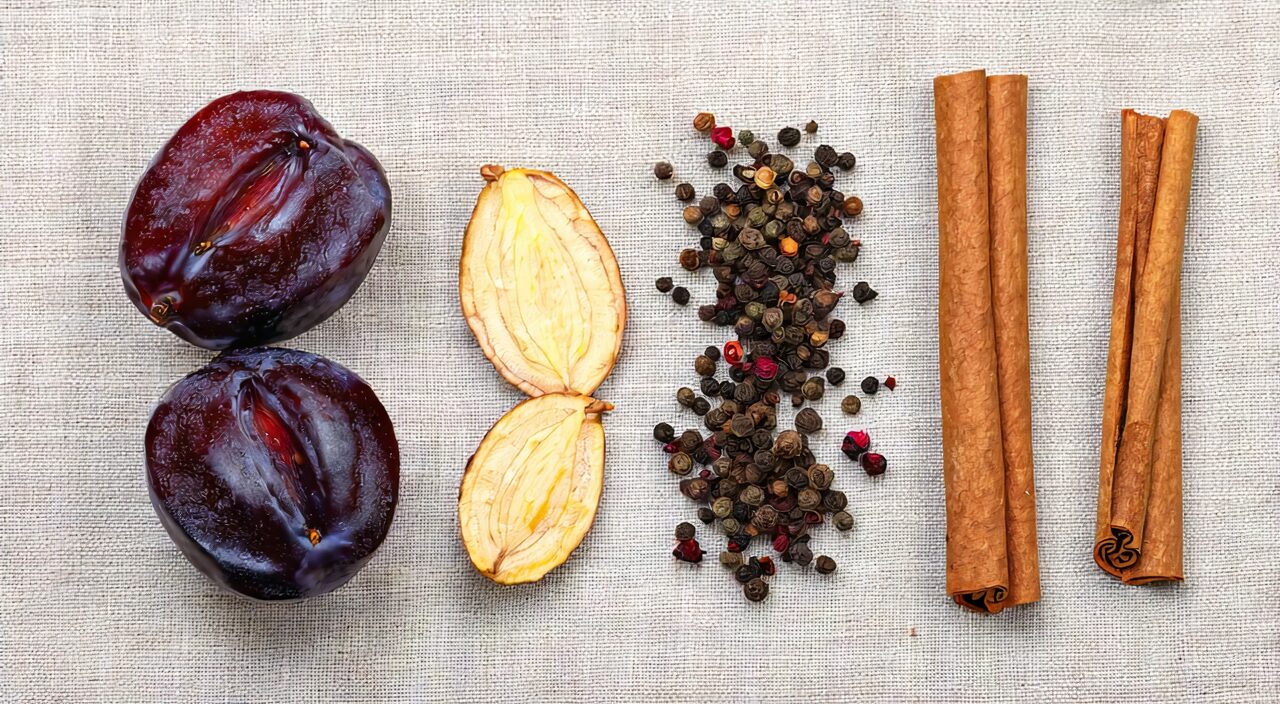 Flat lay display of main herbal ingredients in Wu Mei Wan