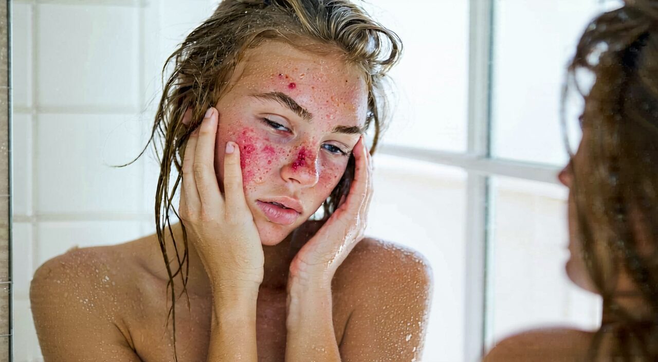 A woman looking in the mirror at redness and swelling on her facial skin