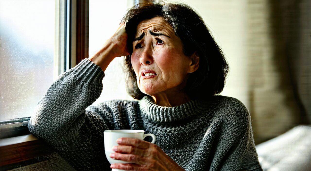 A woman with signs of deficiency-cold headache and cold extremities resting indoors