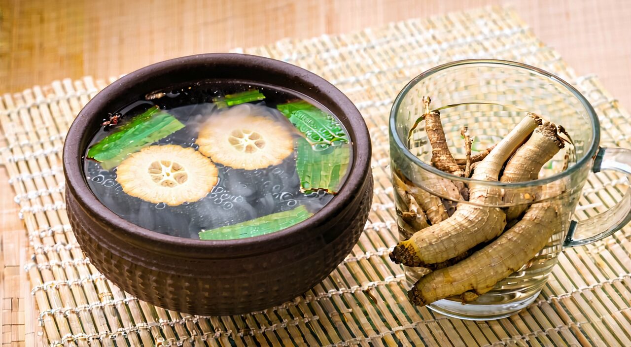 清暑益气汤药碗与西洋参片泡水玻璃杯