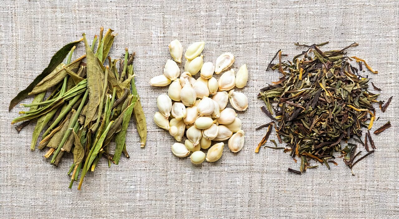 Close-up of the three herbs in Xiang Ru San: Mosla, White Hyacinth Bean, and Magnolia Bark