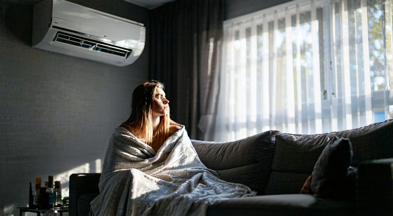 Scene illustrating the trigger for yin summerheat: catching a cold in an air-conditioned room during summer