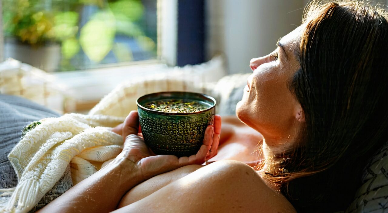 A person with deficiency-cold constitution warming the abdomen with a cup of warm herbal medicine