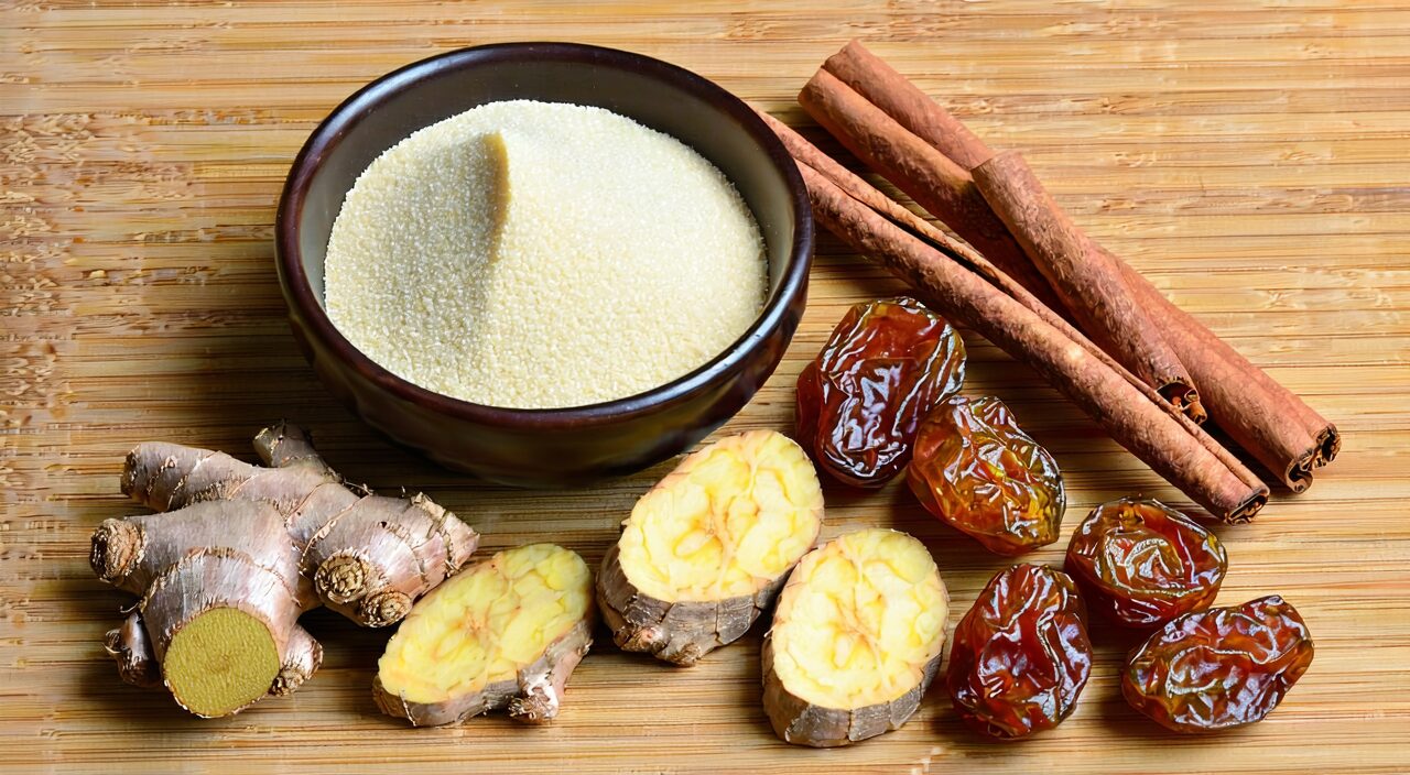 Main herbs in Xiao Jian Zhong Tang: maltose, white peony root, cinnamon twig, fresh ginger, jujube