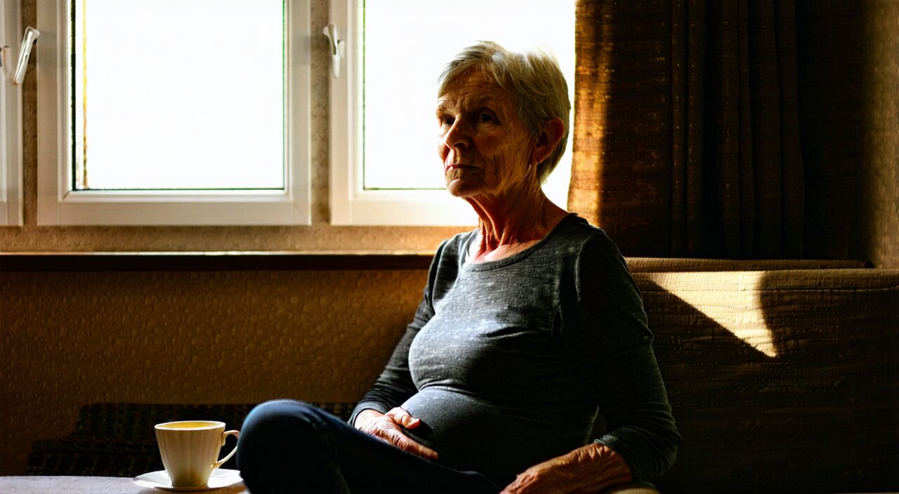 A person with a pale complexion and hand on abdomen, indicating deficiency-cold constitution