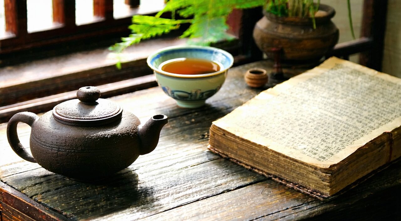 A quiet corner of traditional Chinese medicine preparation with a teapot and medicinal soup